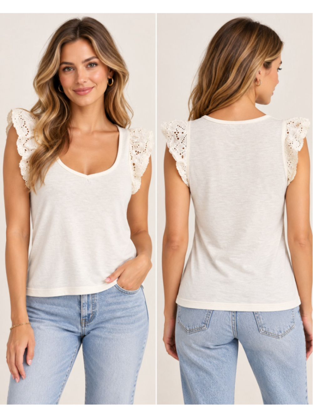PAIGE White Eyelet Flutter Sleeve Tee Size XS